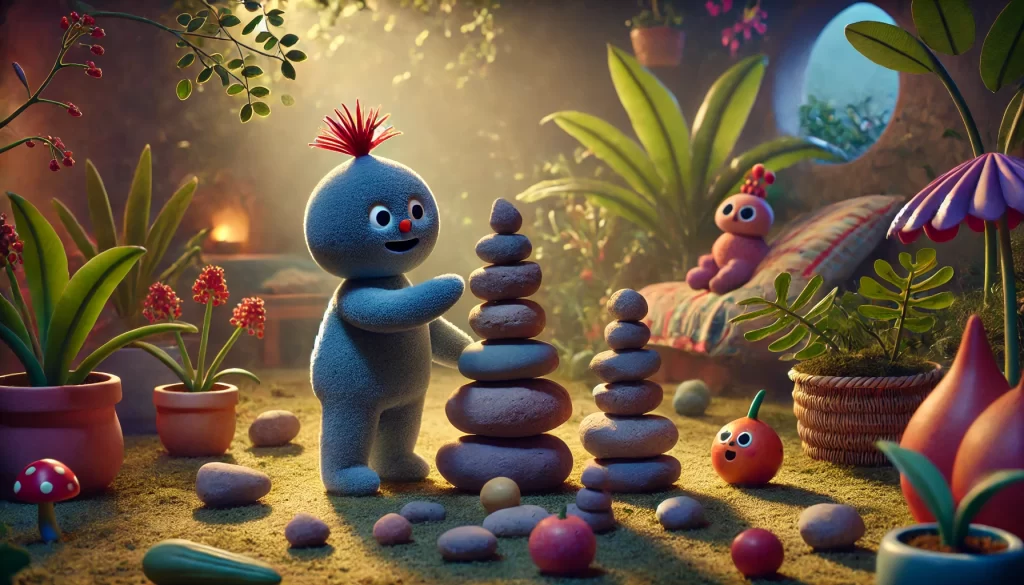 Makka Pakka stacking rocks in the whimsical setting of In the Night Garden, surrounded by colorful plants and interacting with Igglepiggle, highlighting the innocence behind the Makka Pakka Death rumor.