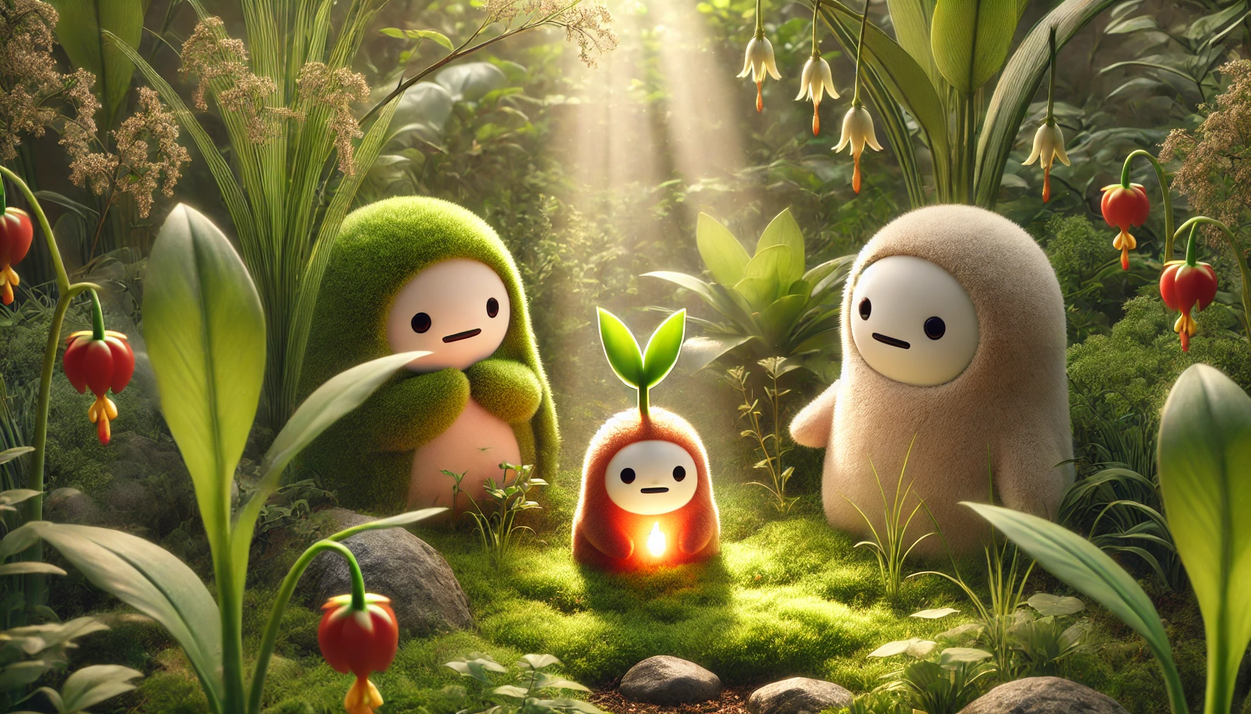 A heartwarming garden scene with Makka Pakka surrounded by greenery and sunlight, symbolizing life and innocence, countering the Makka Pakka Death rumor.