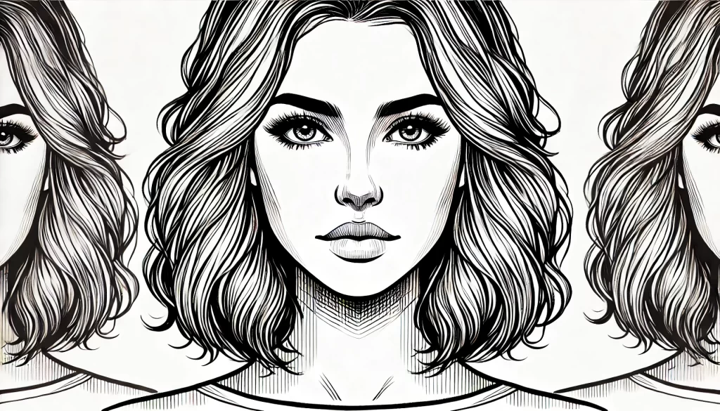 A black and white sketch of a woman wearing a wide-brimmed hat with wavy shoulder-length hair. The illustration focuses on her soft features, including expressive eyes and full lips, with a casual outfit. Taylor Swift Coloring Pages.