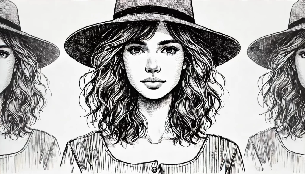 A black and white sketch of a woman with wavy shoulder-length hair, bold eyebrows, and full lips, reminiscent of a refined portrait illustration. The clean line art focuses on her symmetrical facial features and flowing hair. Taylor Swift Coloring Pages.