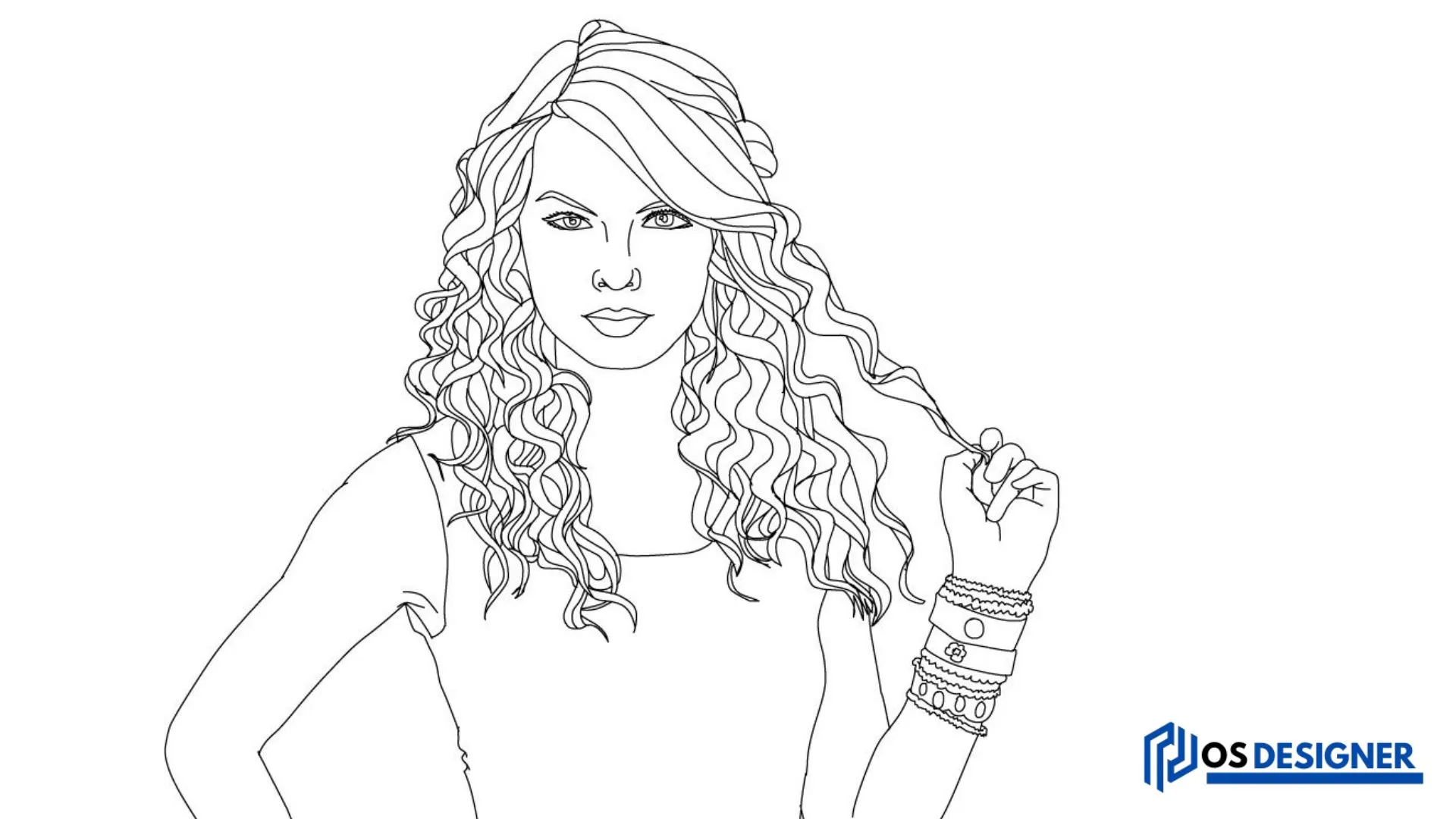 Line art of a woman with long curly hair holding a strand of her hair, wearing a tank top and multiple bracelets on her wrist, representing Taylor Swift for coloring. Focused on 'Taylor Swift coloring pages.'