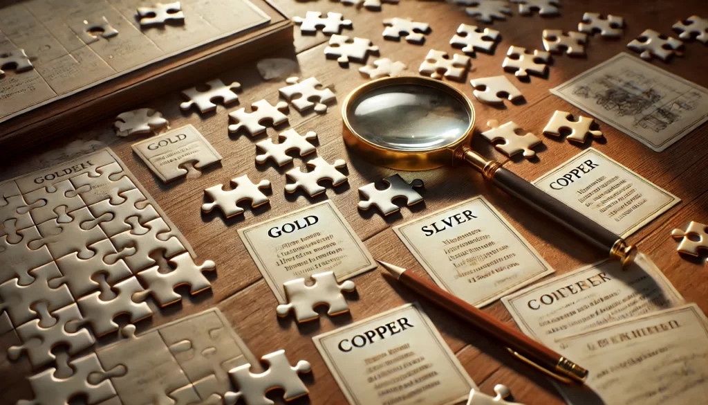 A table with neatly organized clue cards labeled with words like "gold" and "silver," alongside a magnifying glass, pencil, and notebook, representing the process of solving the "Can You Dig It Strands" puzzle.