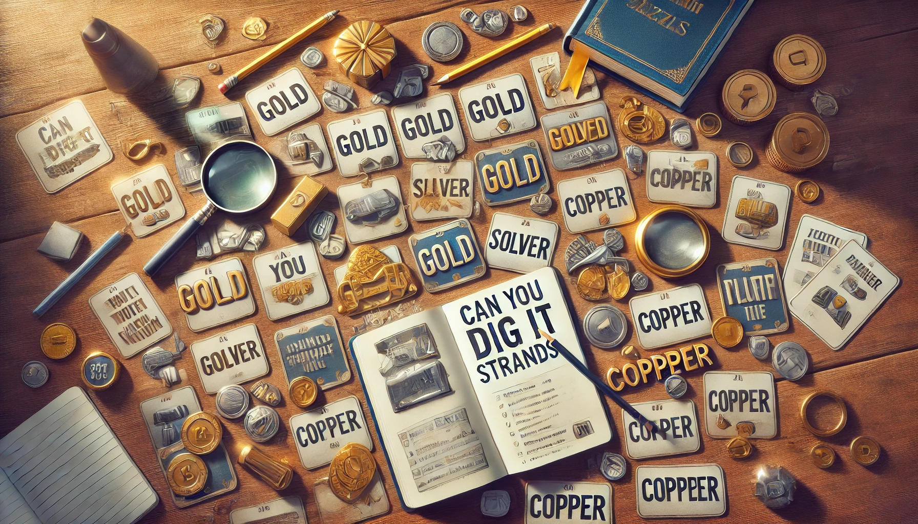 A table showing a contrast between disorganized clue cards and crumpled notes on one side, and neatly arranged clues with a magnifying glass and notebook on the other, highlighting the importance of avoiding pitfalls while solving the "Can You Dig It Strands" puzzle.