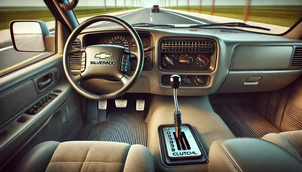 "Driver's view inside a 2000 Chevy Silverado, showing manual transmission gear stick and missing clutch pedal, illustrating 'Can You Drive a 2000 Chevy Silverado Without a Clutch' scenario."